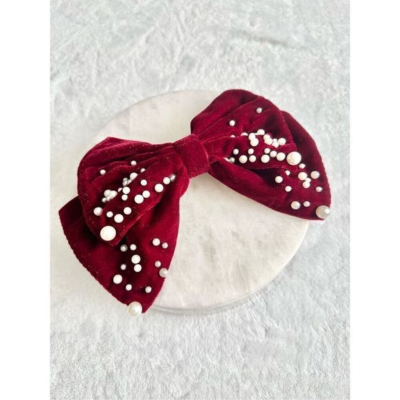No Brand Accessories - Deep red holiday hair bow with sparkle and pearl embellishment ￼